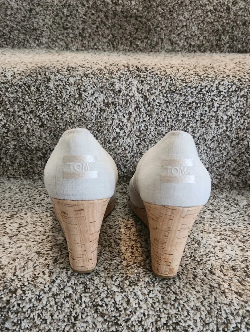 TOMS Canvas Cork Wedge Peep-Toe Heels Oyster Color